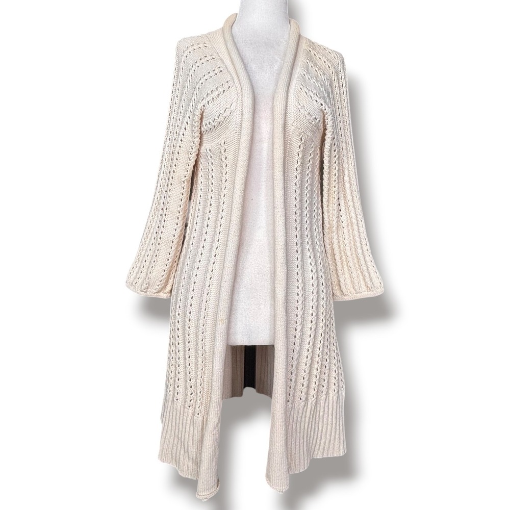 Fossil Cream Pointelle Knit Longline Open Front Duster Cardigan Casual Layer